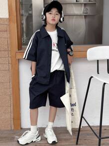 DAZY Tween Boy Casual Minimalist Zip-Up Top And Shorts 2 Pieces Set, Daily Wear - Navy Blue - View 4