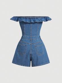 SHEIN MOD Women's Denim Bib Overalls & Jumpsuit Casual Off Shoulder Shorts - Blue - Medium Wash - View 2