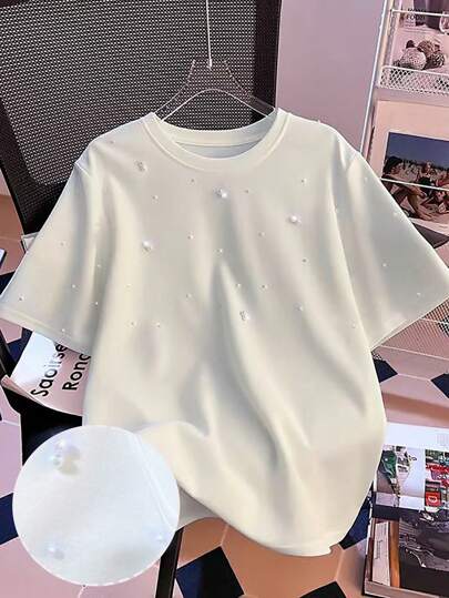 SHEIN Plus Size Women's Casual Round Neck Beaded Decor Summer T-Shirt