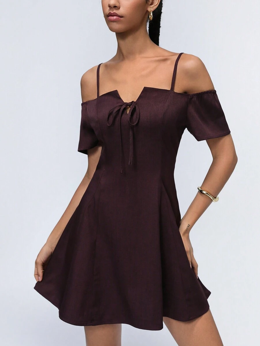 Aveloria Affinna Cami Off The Shoulder Mini Bowknot Design Simple Versatile Women Dress - Burgundy - View 1