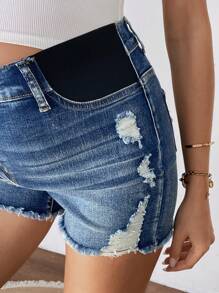 SHEIN Maternity Blue Stretchy Distressed Denim Shorts, Summer - Blue - View 4