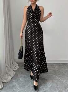 Chiquease Elegant Form-Fitting Draped Neck Tie Backless Hollow Out Side Invisible Zipper A-Line Woven Foil Polka Dot Dress For Women, Spring/Summer