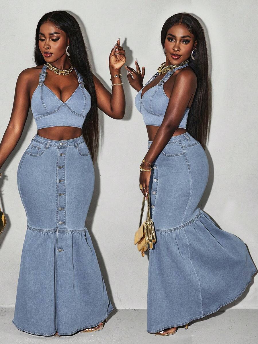 Slaydiva Váy denim dài vừa phải phong cách ngư dân đơn giản có túi nút cho nữ - Rửa nhẹ - Xem 1