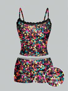 Warp Atelie 艺术家新年闪亮亮片印花两件套服装 - 奢华蕾丝吊带背心和褶皱短裤，性感迷人的女士冬季套装，外出、度假、情人节、节日 - 彩色 - 查看 1