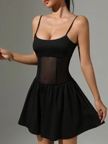 INAWLY 女士无袖纯色网眼拼布休闲短裙，简约时尚，适合日常穿着 - 黑色 - 查看 3