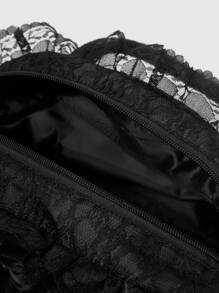 ROMWE Goth Solid Color Lace Patchwork Fashion Black Handbag, Suitable For Commuting And Travel - Black - View 5