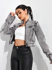 SHEIN EZwear 女士休闲水洗立领短款牛仔夹克 - 淺灰色 - 查看 4