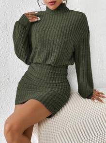 SHEIN Tall CURVE Plus Size Women's Solid Color High Collar Drop Shoulder Long Sleeve Ribbed Bodycon Dress