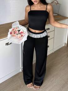 Lace Trim Sweet Women Pajama Set - Black - View 5