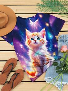 INAWLY Women's Round Neck Cat Print Casual Short Sleeve T-Shirt, Summer Graphic Tees Women Tops - Multicolor - View 2