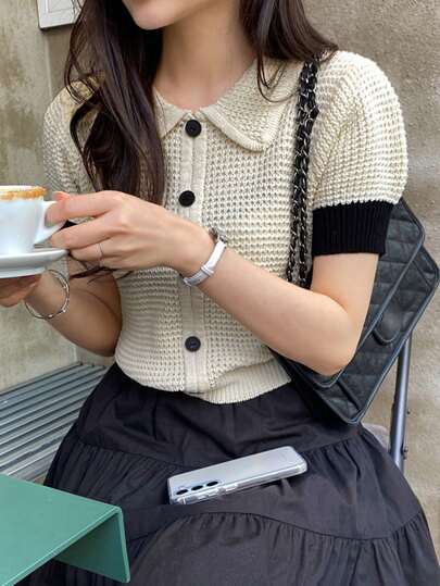 DAZY 女式撞色拼布翻领修身前开短袖针织上衣，春夏季，返校服装