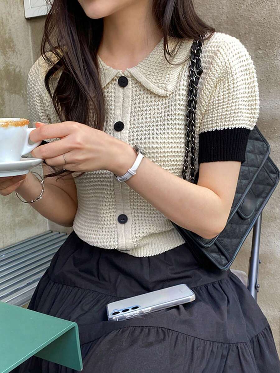 DAZY 女式撞色拼布翻领修身前开短袖针织上衣，春夏季，返校服装 - 杏色 - 查看 1