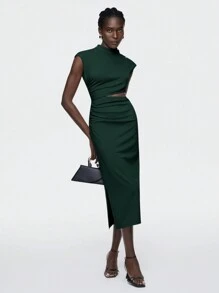 Maija 2025 夏秋新款橄榄绿 V 领金属纽扣肩部设计不对称镂空腰部镂空女装，优雅适合商务、休闲、日常通勤、海滩度假、婚礼嘉宾、乡村音乐会、机场装、90 年代复古办公室穿着 - 墨綠色 - 查看 11