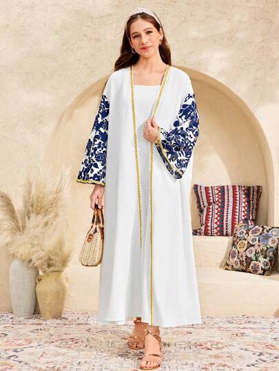 SHEIN Teen Girls' Casual Floral, Metallic Print, Blue Long Sleeve Jacket, Spring/Summer