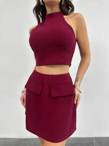 SHEIN Privé Bộ trang phục gợi cảm cổ điển thanh lịch mùa xuân/hè mới của lễ hội, bao gồm áo crop top cổ yếm màu đỏ tía và chân váy ngắn chữ A cạp cao, phong cách ngày lễ tình nhân năm mới sành điệu - Màu Đỏ Sâu - Xem 4