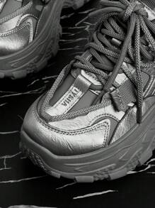 Vate Women's Thick Sole Lace Up Casual Sneakers, Fashionable - Grey - View 7