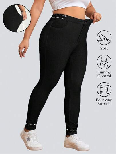 Flexra Plus Size Kvinnor Casual Enfärgad High Stretch Knit Fitted Skinny Jeans