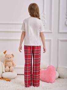 SHEIN Tween Girl Simple Heart Graphic Round Neck Short Sleeve T-Shirt And Plaid Print Lounge Pants 2 Pieces Comfortable Sleepwear Set - Pink - View 2