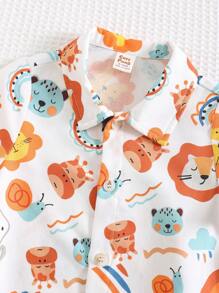 Cozy Pixies 2pcs Baby Boy Cartoon Animal Print Polo Collar Short Sleeve Cardigan & Elastic Waist Shorts Set - Multicolor - View 7