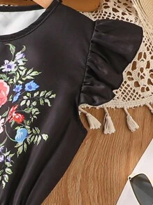 Teen Girls Casual Holiday Cap Sleeve A-Line Black Floral Print Dress,Holiday Summer Travel - Black - View 3