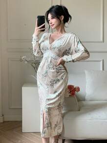 DAZY Vestido de mujer de cuello en V profundo con estampado floral de longitud media para fiesta, vestido de otoño de manga larga, vestido elegante para mujer - Beis - Ver 6