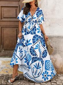Breezaya Plus Size Women Boho Geometric Print Lace-Up V-Neck Short Sleeve Romantic Elegant Dress For Holiday,Spring/Summer - Multicolor - View 4
