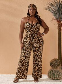 Slaydiva Plus Size Women Leopard Print Deep V-Neck Open Back Halter Jumpsuit - Multicolor - View 6