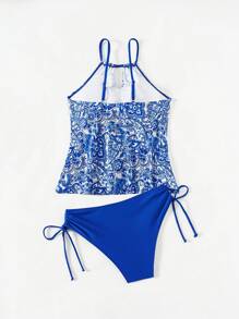 Swim Lushoire 夏季 1 件女式蓝色花卉印花可调节肩带抽绳腰部成熟两件套比基尼 - 藍色 - 查看 7