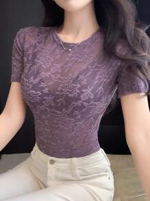 DAZY 女士花卉蕾丝圆领短袖修身 T 恤