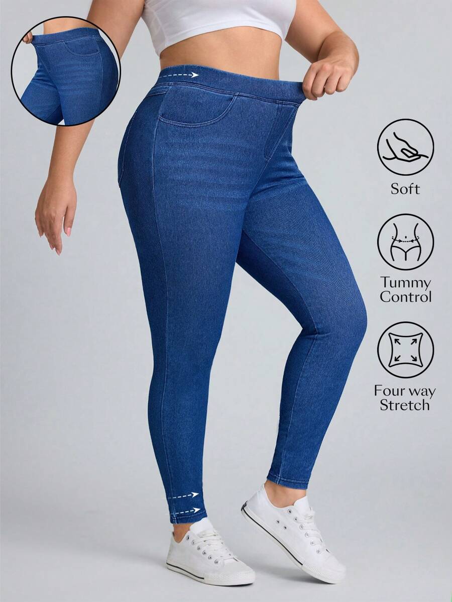 Flexra Plus Size Casual Washed Simple Slim Stretchy Knit Tapered Leg Jeans - Dark Wash - View 1