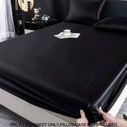 1pc Solid Black Satin-Like Silky Fitted Sheet, Includes 1 Fitted Sheet, Valentine's Day Mattress Cover, Modern Soft Bedding Set, Fits Twin, Full, Queen, King Size Beds, Deep Pocket Design Up To 11.8 Inches, Breathable & Wrinkle-Resistant, Machine Washable