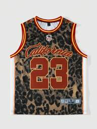 Prep Men's Basketball Casual Round Neck Top, Basketball Jersey Style, With Digital Leopard Print Tank Top