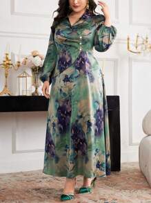 Modelyn Plus Size Women Tie-Dye Print Collar Lantern Sleeve Elegant Dress - Multicolor - View 7