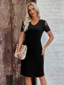 EMERY ROSE 女士短裙、冬季女装、感恩节女装、优雅连衣裙、优雅女装、蕾丝连衣裙、秋季女装、连衣裙蕾丝长袖性感黑色连衣裙、秋季女装、长袖连衣裙、长款秋季连衣裙、黑色 - 黑色 - 查看 4