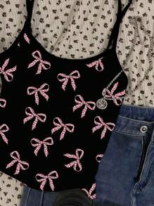SHEIN EZwear Women's Casual Cute Leopard Bow Print Sexy Camisole Tank Top, Suitable For Summer - Black - View 4