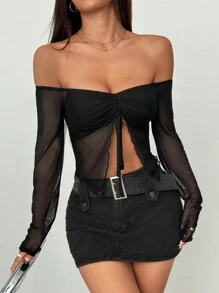SHEIN Unity Black Mesh Lining Off Shoulder Drawstring Tie Ruffle Asymmetrical Hem Slim Fit Long Sleeve Top, Simple Elegant Minimalist Design For Women, Spring & Autumn - Black - View 1