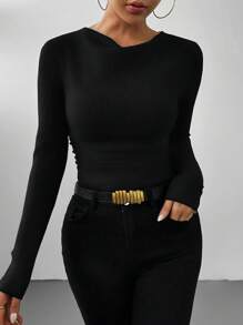 RosyDaze 纯色高领褶皱紧身长袖黑色连身衣