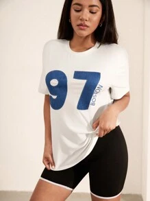 SHEIN Unity Women's Casual Number Embroidery Short Sleeve Cropped Round Neck T-Shirt - White - View 6