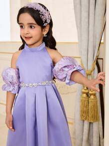 SHEIN Young Girls Baby Purple Floral Jacquard Open Shoulder A-Line Dress,Summer Birthday Parties,Family Gatherings And Outings Dress For Young Girl - Dusty Purple - View 5