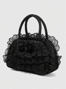 ROMWE Goth Solid Color Lace Patchwork Fashion Black Handbag, Suitable For Commuting And Travel - Black - View 2