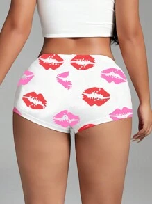 Zolique Casual Sports Vacation Valentine's Day Sexy Red Lips Print And Bow Design Women's Mini Shorts