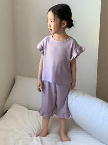 DAZY 年轻女孩简约时尚休闲日常上衣和裤子休闲套装，女孩夏季服装 - 紫色 - 查看 6