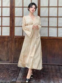 DAZY Women's V-Neck Splice Flare Sleeve Midi Dress, Watercolor Print, Apricot, Spring/Summer Fall,Winter - Apricot - View 7
