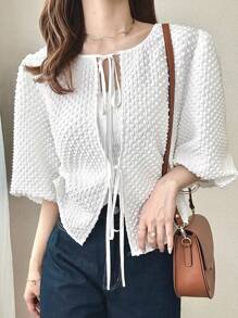 FRIFUL Women's Loose Lace Trim Sheer Open Front Shirt - White - View 2