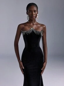 Elitara Elegant Luxurious Black Velvet Crystal Tassel Decor Bodycon Mermaid Maxi Dress, Wedding Guest Dress, Suitable For Evening Party, Gala, Single Party And Various Occasions, Formal Dress,Gown