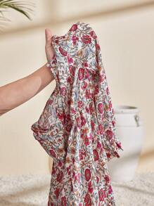 SHEIN Leap Crew Tween Girls Loose V-Neck Long Sleeve Ruffle Cuff Print Long Dress - Apricot - View 11