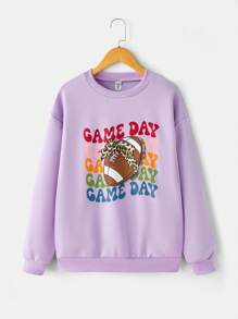 青少年女孩两件套，包括休闲字母和足球印花运动衫和松紧腰裤，秋冬 - 紫色 - 查看 9