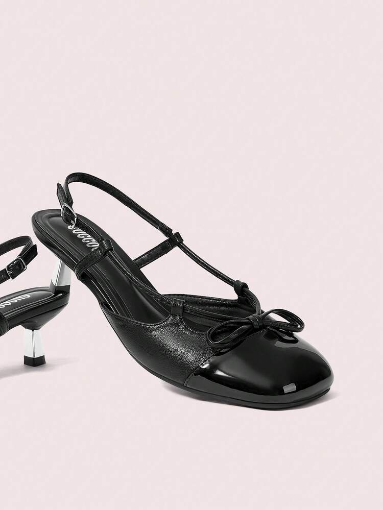 CUCCOO DOLLMOD Stylish & Comfy Pumps With Bow Decor, Round Toe, Lacquered Mini Heels, Casual & Versatile With Ankle Strap
