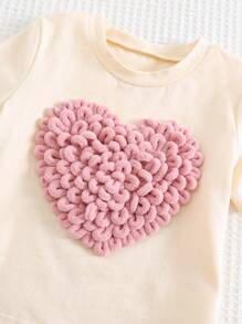 Cozy Pixies 女婴可爱心形泡泡针柔软针织圆领短袖套头衫，女孩情人节装扮，情人节礼物，适合休闲、居家、百搭穿着，室内和室外 - 杏色 - 查看 6