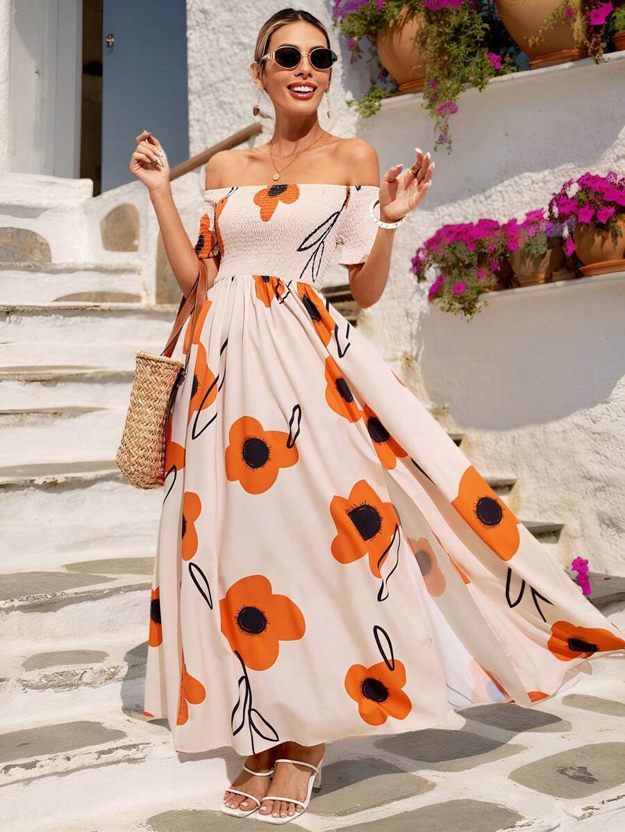 Vivid Eden Valentine's Day Holiday Out Dating, Shopping, Go To School, Work Women's Dress, Women's Off-The-Shoulder High Slit Big Bottom Print Dress, Romantic Holiday Style - Multicolor - View 1